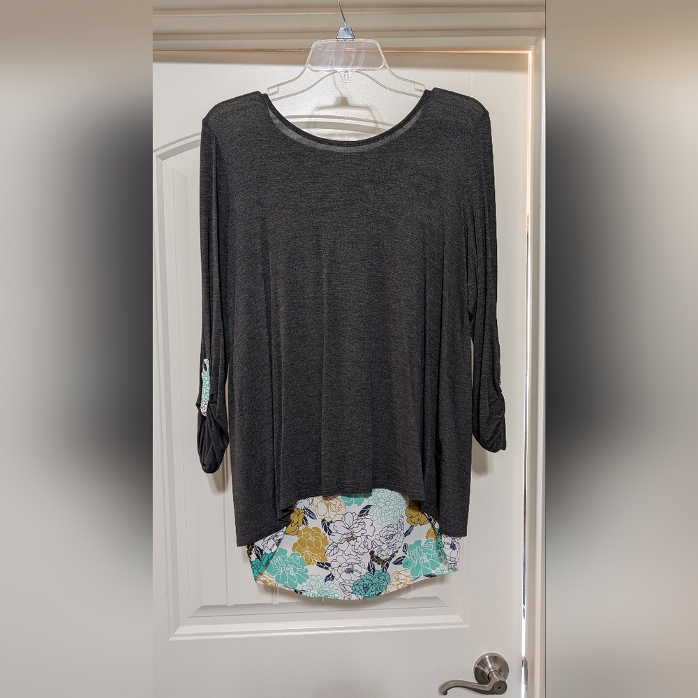 Women's Floral Layered Blouse - Gray and Multicolor